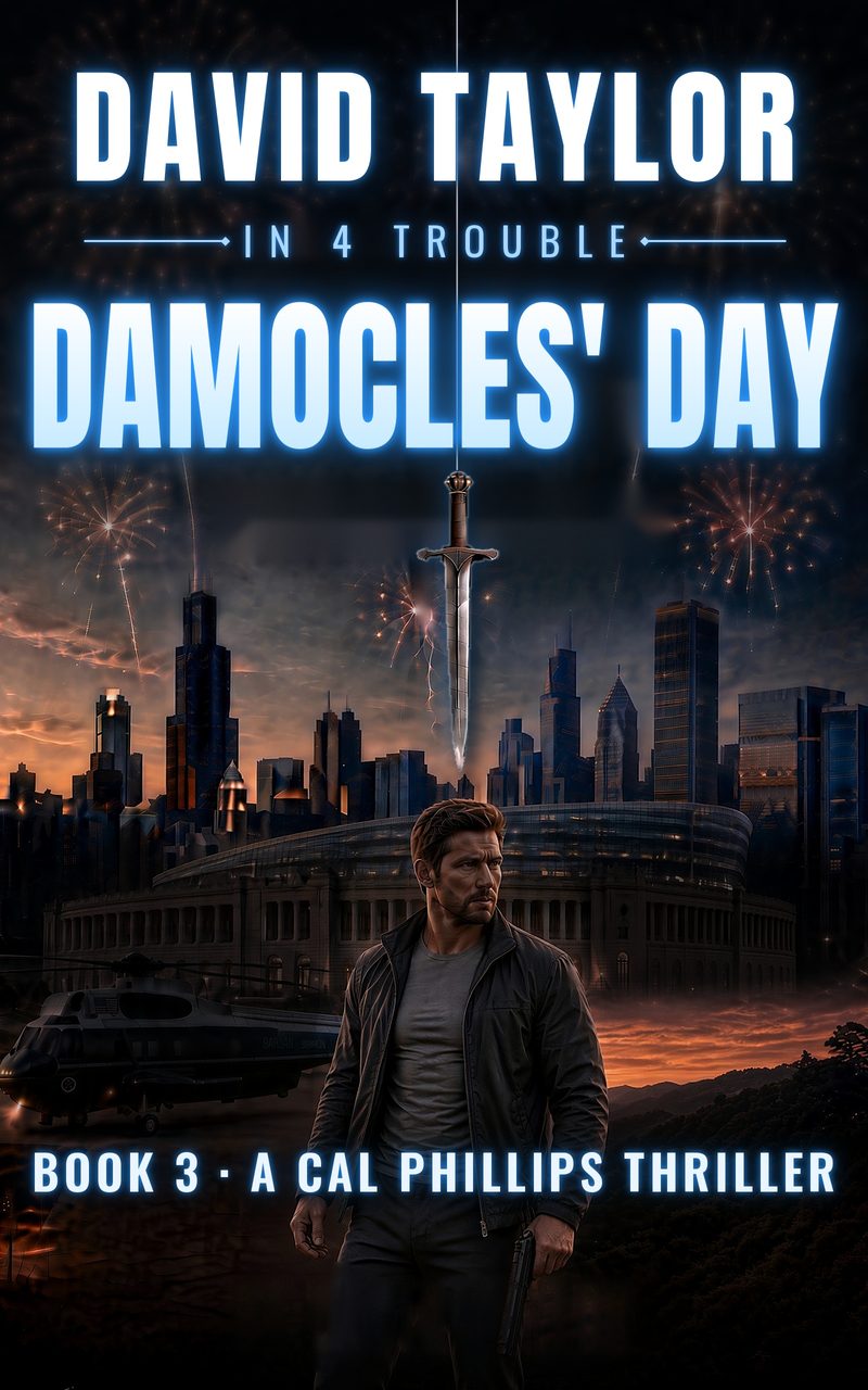 Cover of In 4 Trouble: Damocles' Day by David Taylor, Book 3 of the Cal Phillips thrillers: a man in a leather jacket in front of a night city skyline, with a sword hanging by a thread above it and fireworks in the sky.