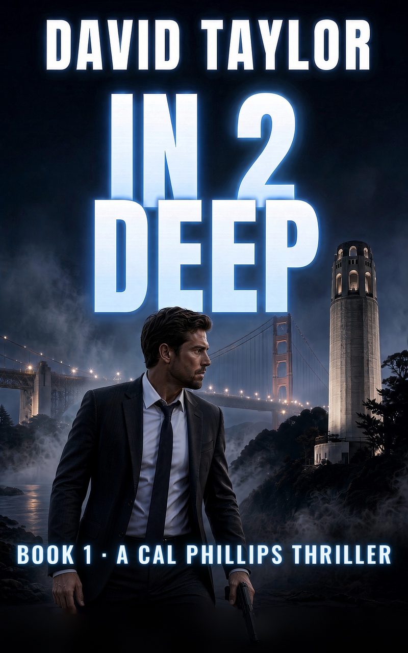 Cover of In 2 Deep by David Taylor, Book 1 of the Cal Phillips thrillers: a man in a dark suit stands in San Francisco fog, with Coit Tower and the Golden Gate Bridge lit up behind him.