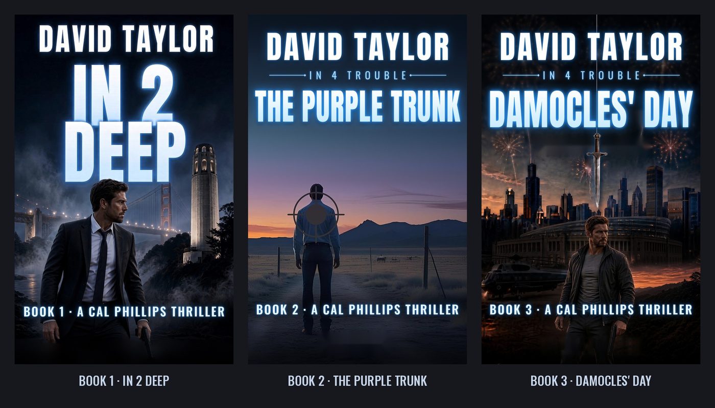 The Cal Phillips series covers side by side: Book 1, In 2 Deep; Book 2, In 4 Trouble: The Purple Trunk; Book 3, In 4 Trouble: Damocles' Day.