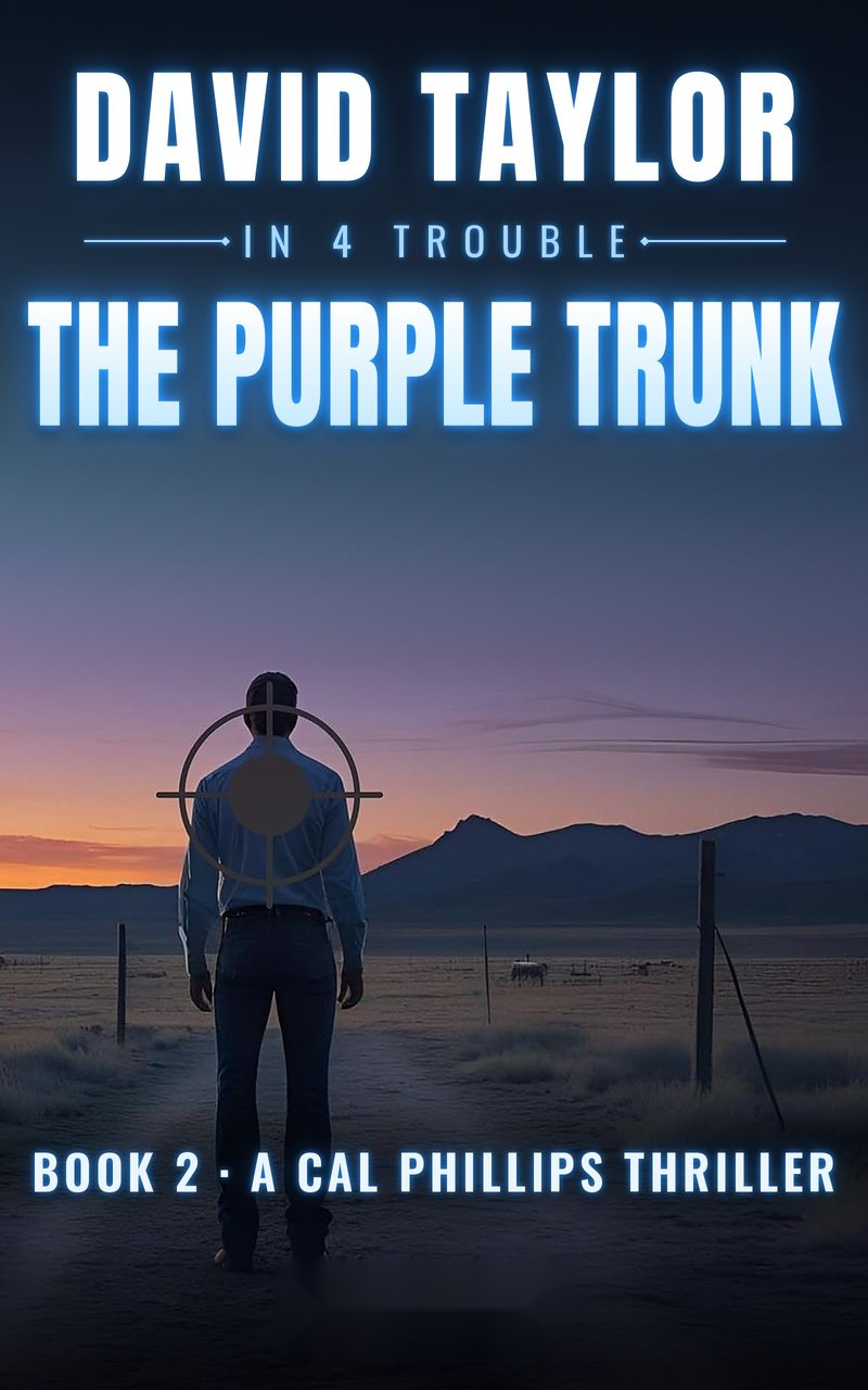 Cover of In 4 Trouble: The Purple Trunk by David Taylor, Book 2 of the Cal Phillips thrillers: a man seen from behind under a rifle scope crosshair, walking toward mountains at dusk.